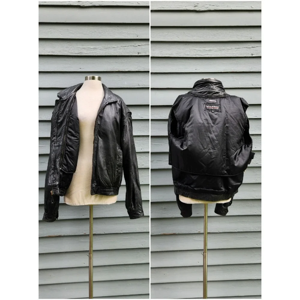 Wilsons Leather Bomber Jacket Black Thinsulate Padded Shoulder Vintage Large